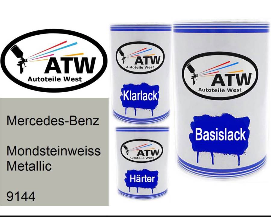 Mercedes-Benz, Mondsteinweiss Metallic, 9144: 500ml Lackdose + 500ml Klarlack + 250ml Härter - Set, von ATW Autoteile West.